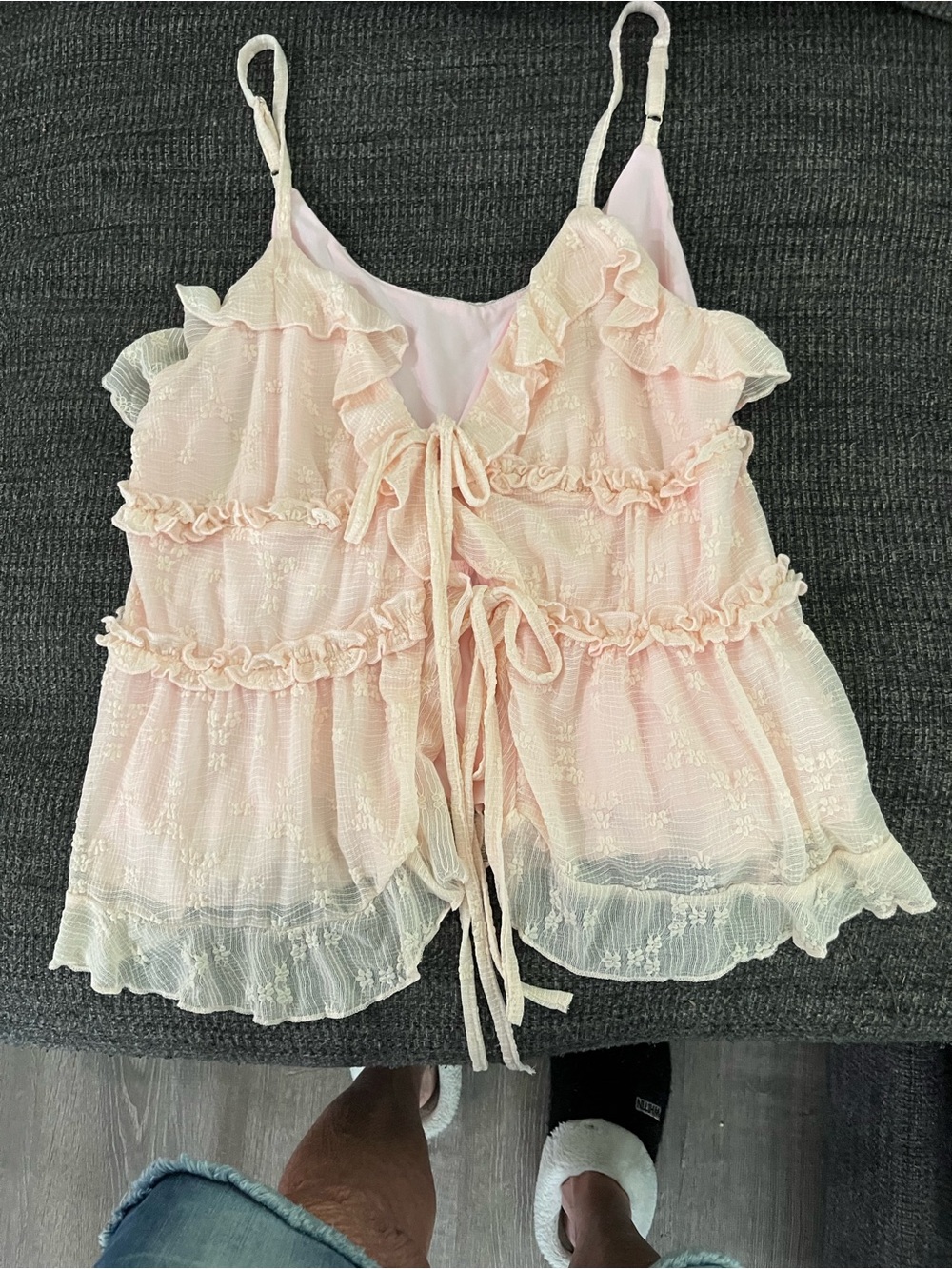 SHEIN Soft Pink Ruffled Lace Tie-Front Cami